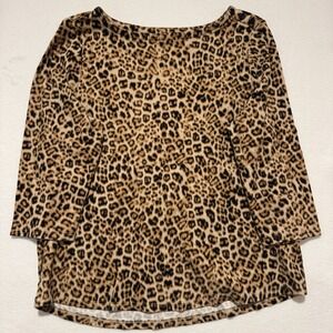 Charter Club NWOT Supima Cotton 3/4‎ Sleeve Boat Neck Top LEOPARD XL buttons